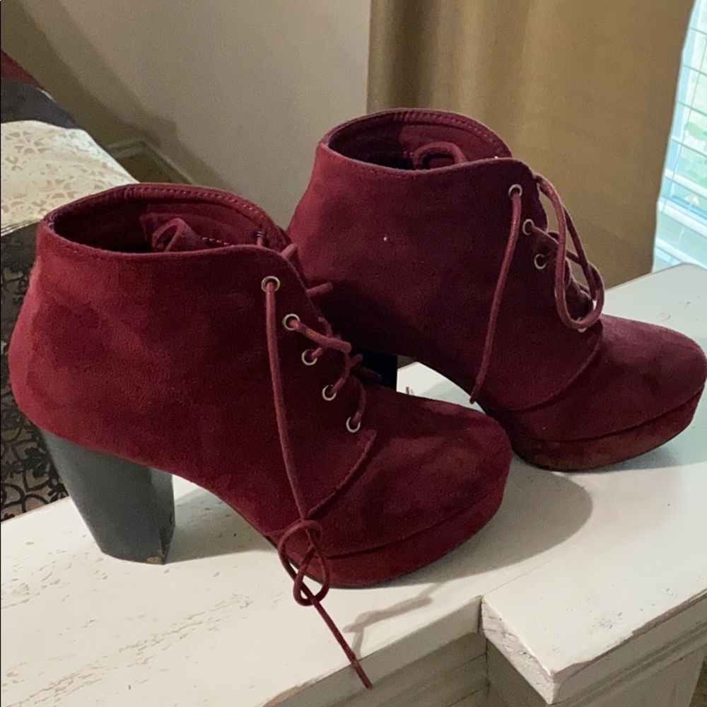 Burgundy lace up booties